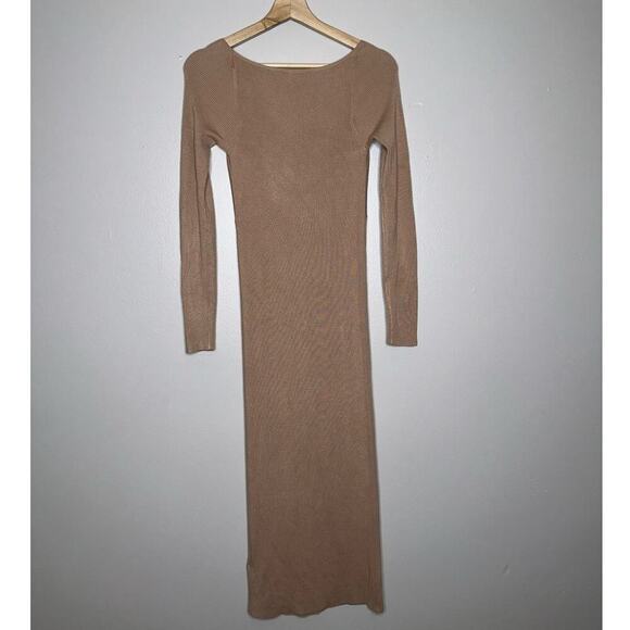 J. Crew Ribbed Knit V-Neck Bow Detail Midi Dress Taupe/Brown Size XXS Stretch - Picture 6 of 6